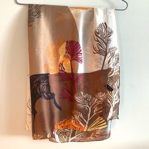 100%Silk Nature Motif Scarf in Brown, Orange & Purple